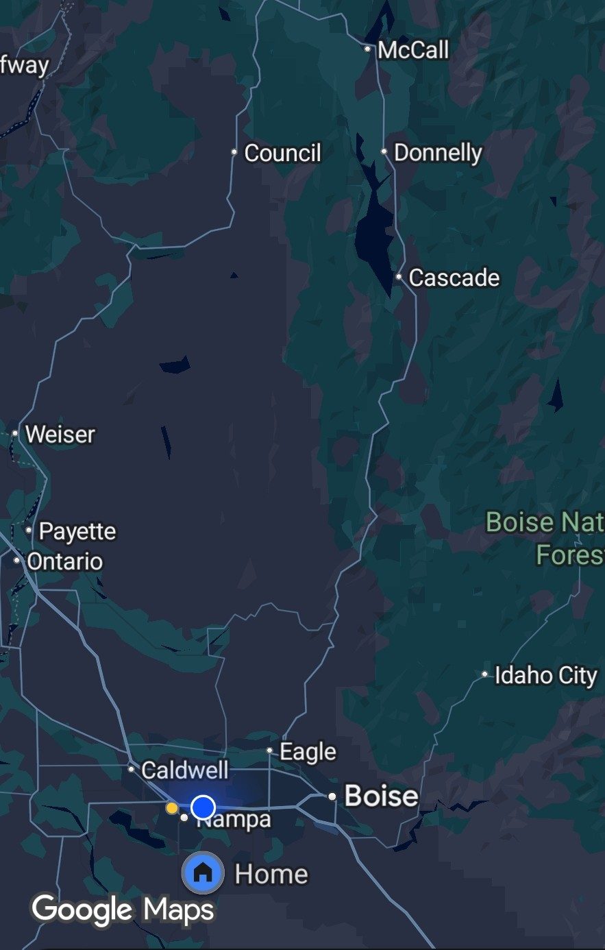 Map of the Aqua Terra Well Drilling service area in southwest Idaho, from Nampa and Boise north to McCall and west to Weiser